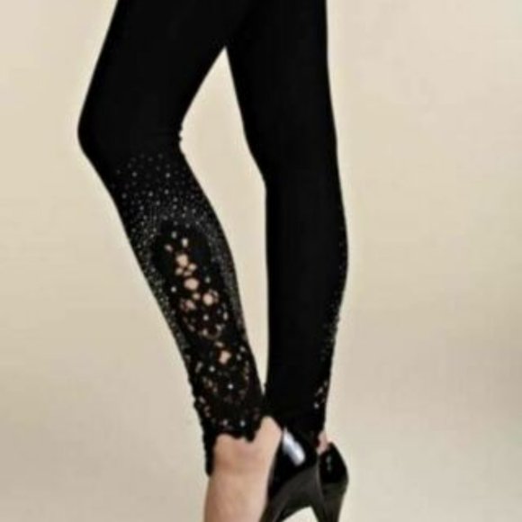 NWT VOCAL CRYSTAL LACE & STONES SLIMMING slenderizing LEGGINGS SM-4X BLK rocker - Picture 8 of 9